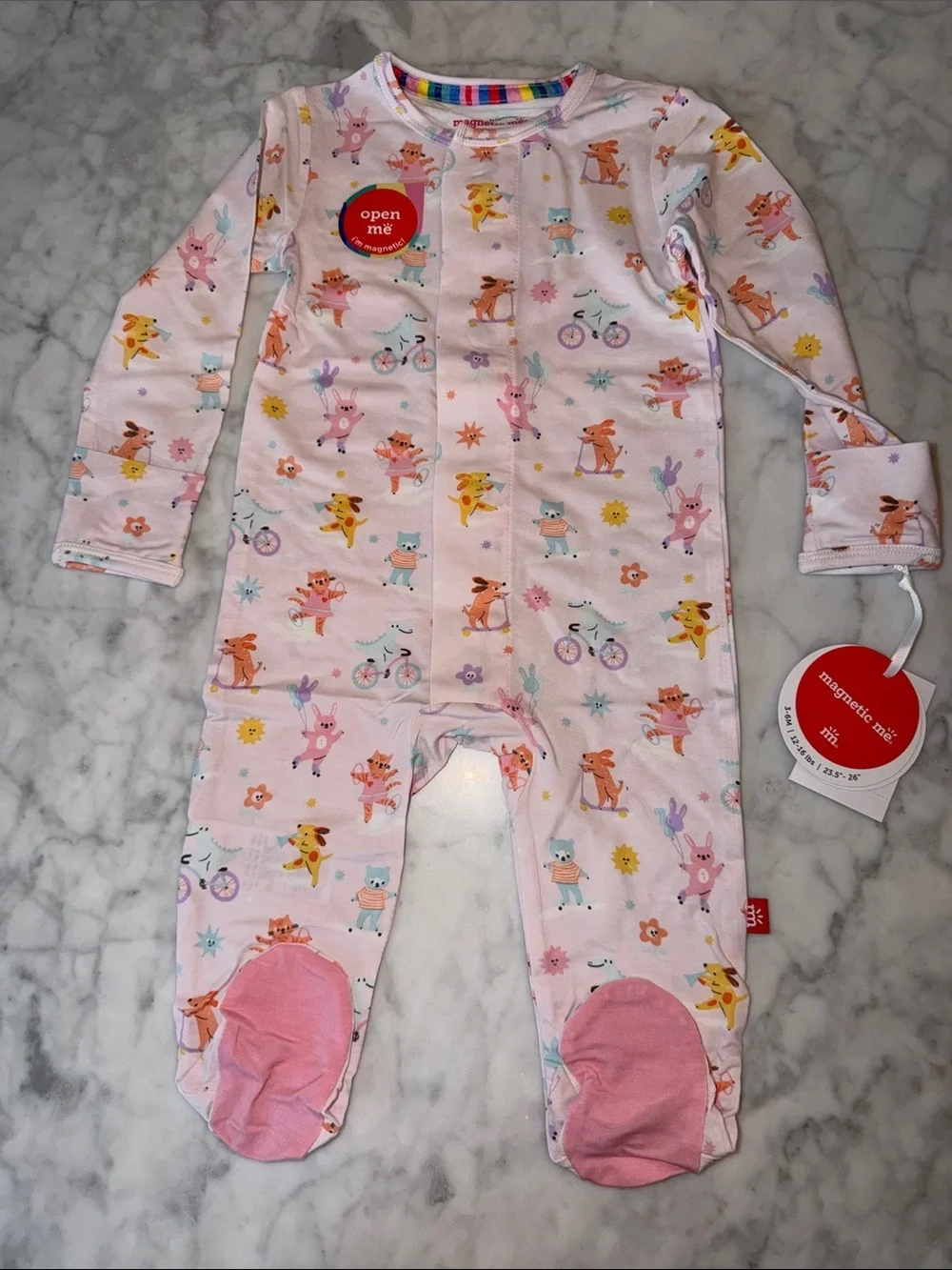 NWT MAGNETIC ME MODAL Pink Animal Print Magnetic-Closure Footed One-Piece 3/6M